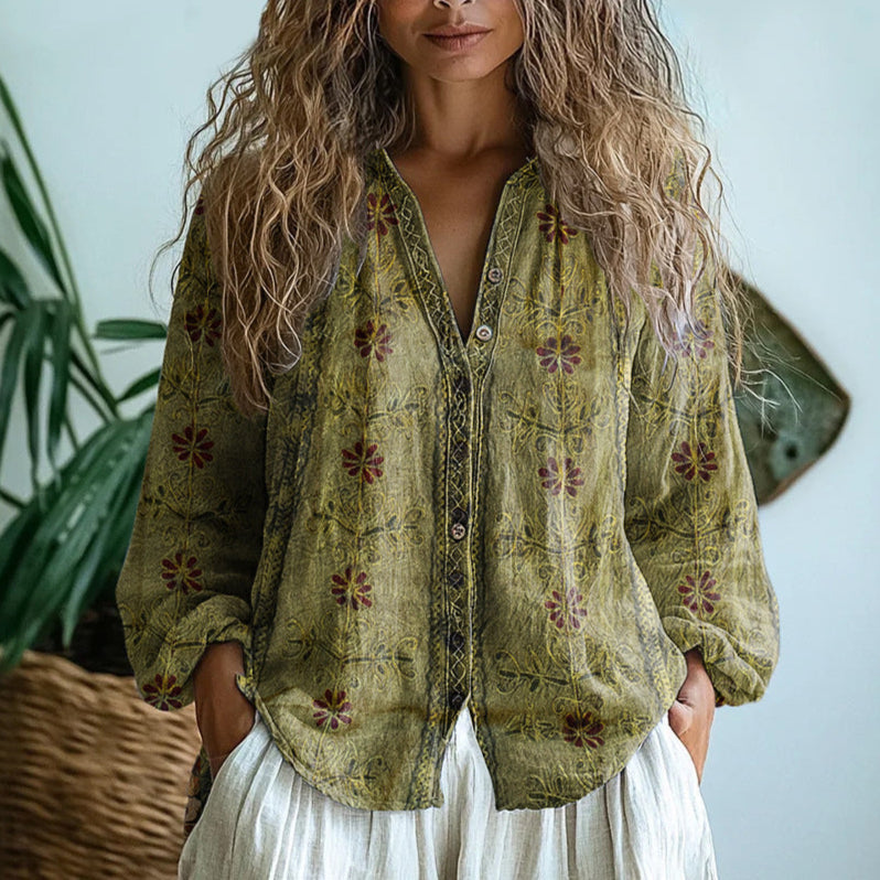 Amber I Vintage Leaf Print Blouse